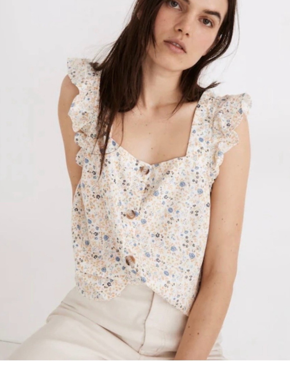 Madewell Sz S Linen blend Ruffle Sleeve Button Top Ditsy Floral Cottagecore